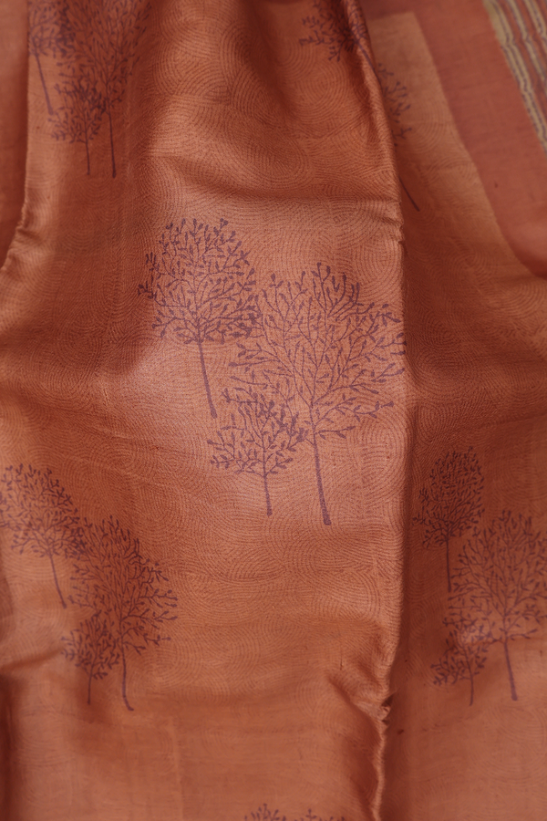 Tussar Silk Saree In Brick Brown With Tree Printed Design