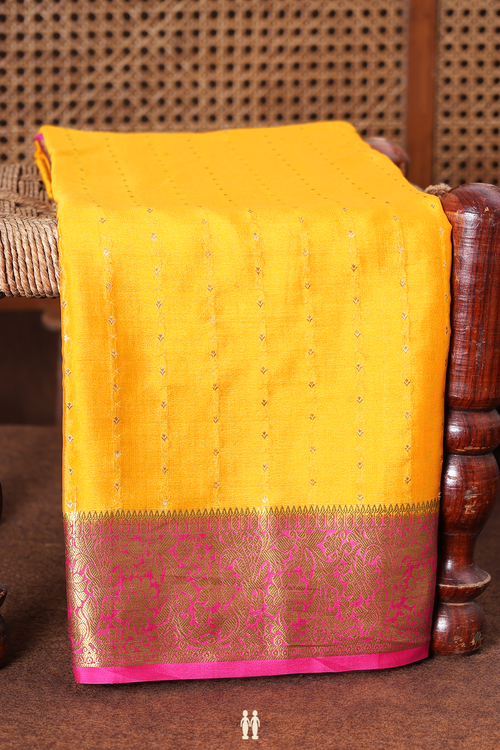 Mysore Silk Saree In Saffron Yellow With Stripes Design