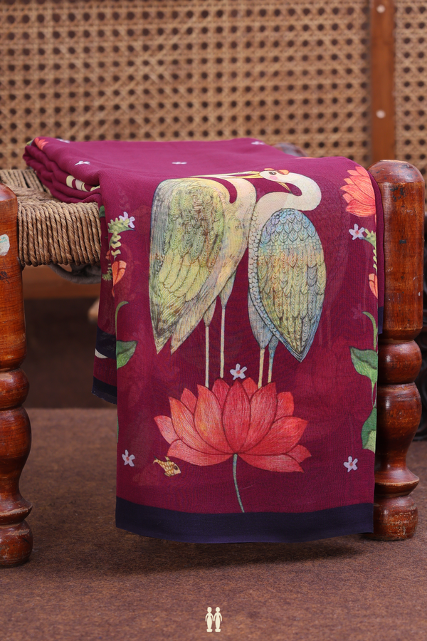 Georgette Saree In Berry Purple With Birds Design