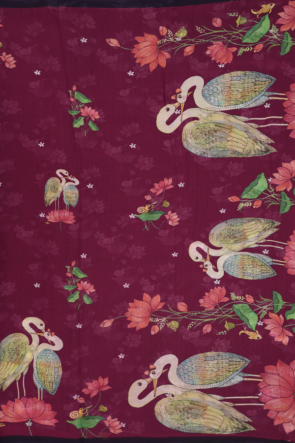 Georgette Saree In Berry Purple With Birds Design