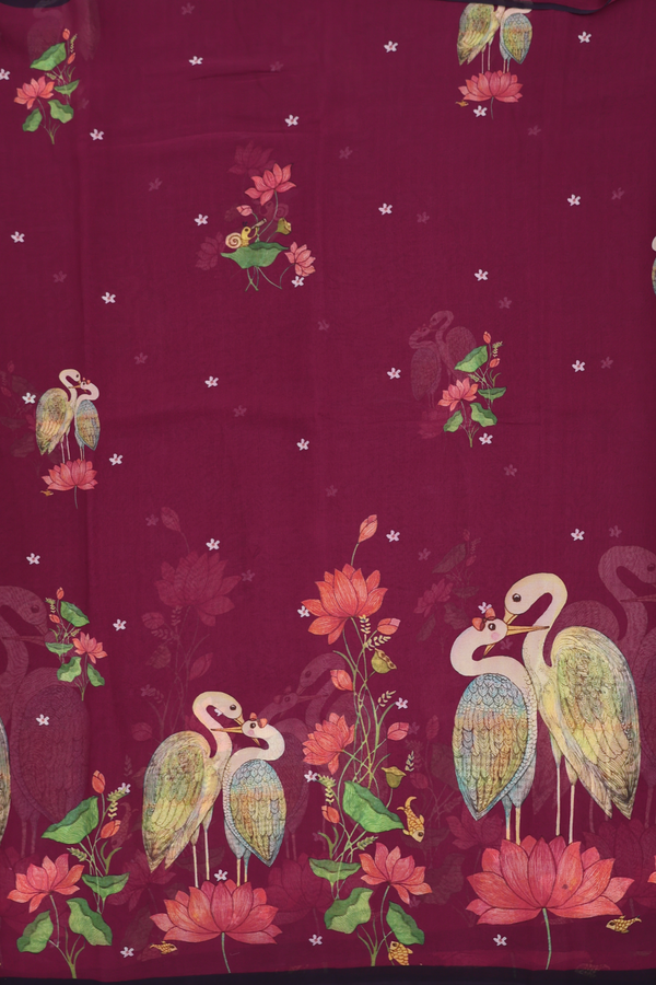 Georgette Saree In Berry Purple With Birds Design