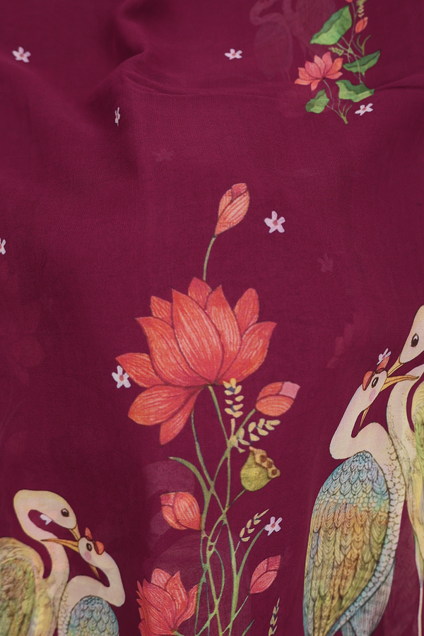 Georgette Saree In Berry Purple With Birds Design