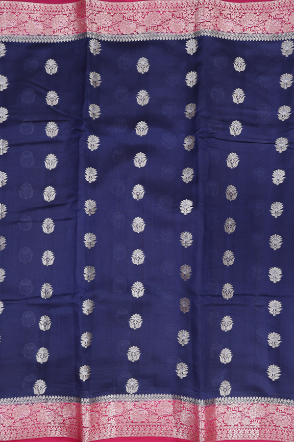 Raw Silk Saree In Navy Blue With Floral Buttas