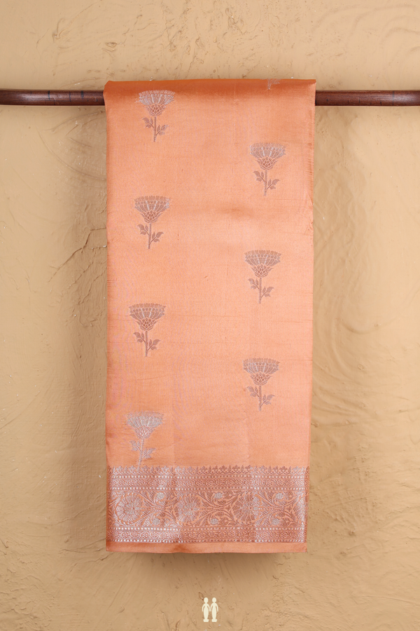 Raw Silk Saree In Melon Orange With Floral Buttas