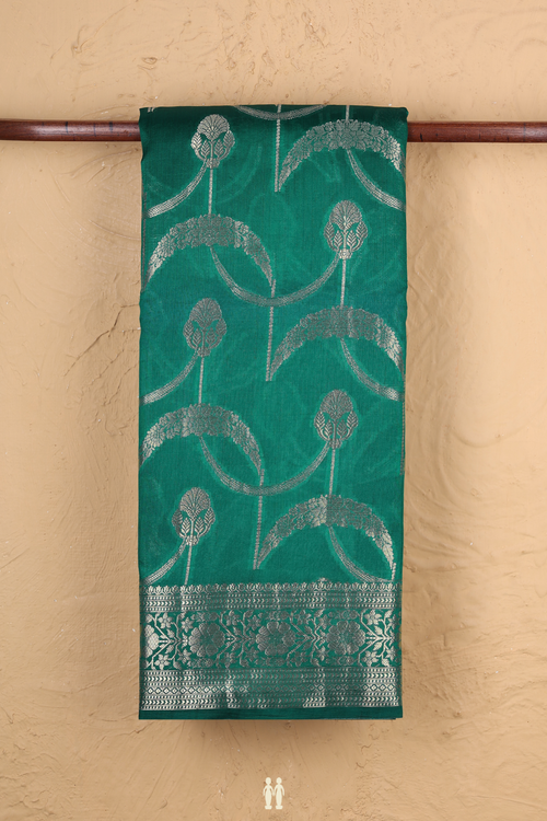 Raw Silk Saree In Emerald Green With Floral Design