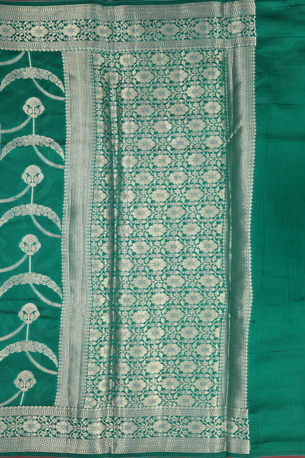 Raw Silk Saree In Emerald Green With Floral Design