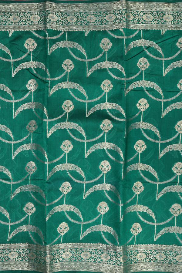 Raw Silk Saree In Emerald Green With Floral Design