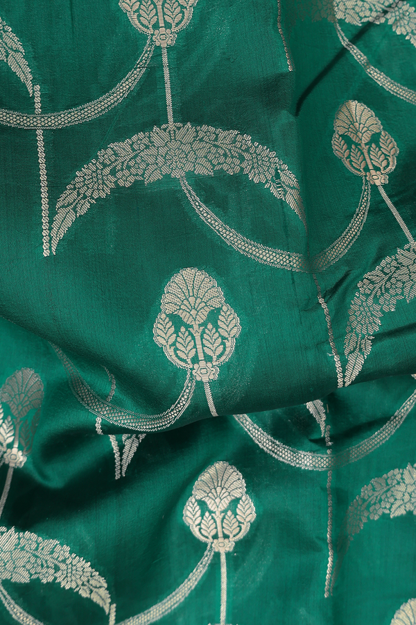 Raw Silk Saree In Emerald Green With Floral Design