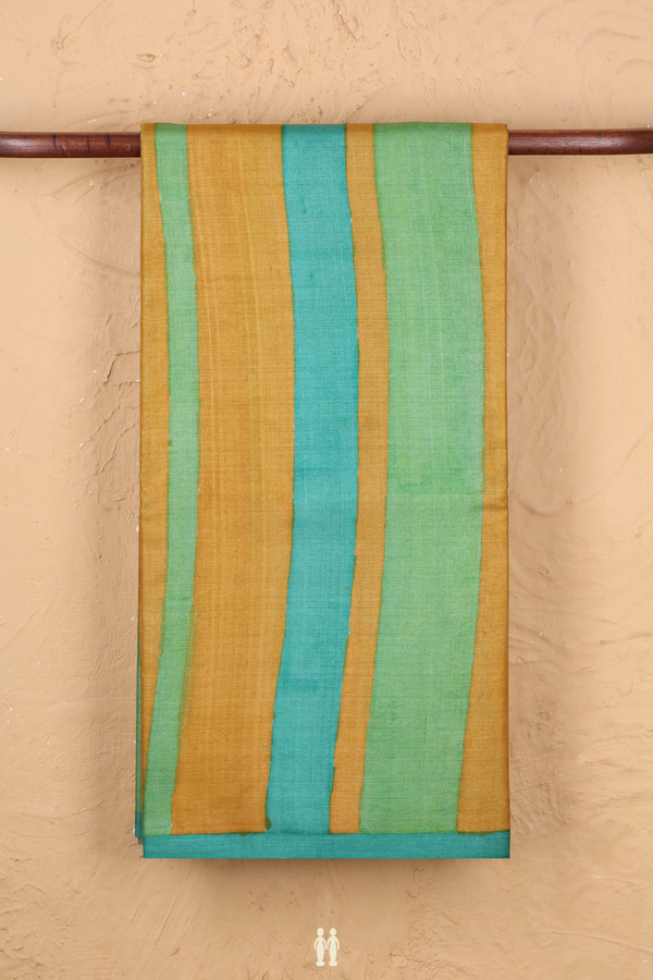 Tussar Silk Saree In Yellow And Green With Stripes Design