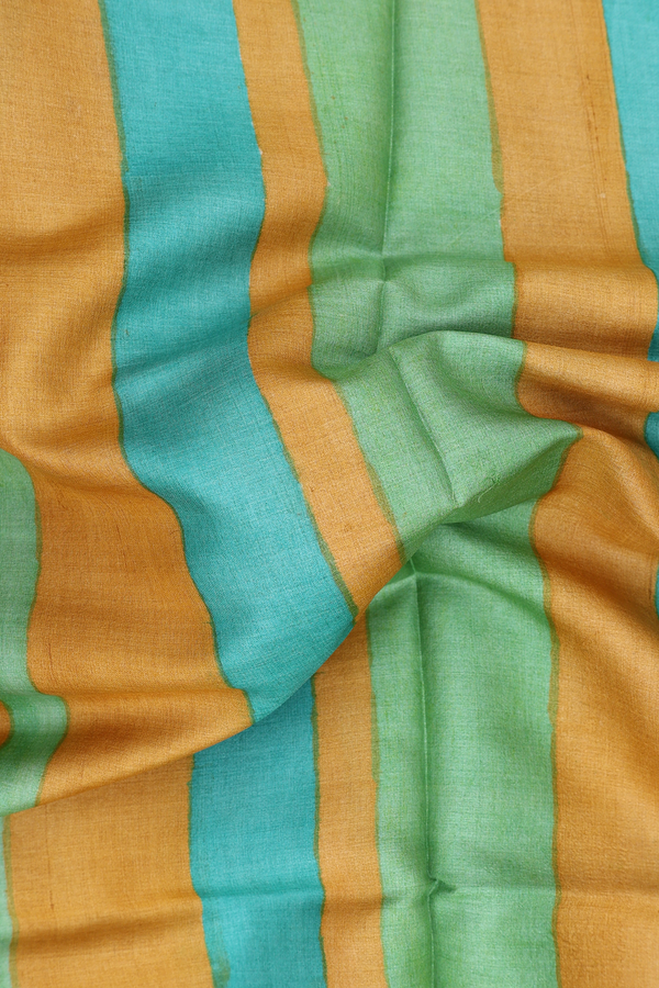 Tussar Silk Saree In Yellow And Green With Stripes Design