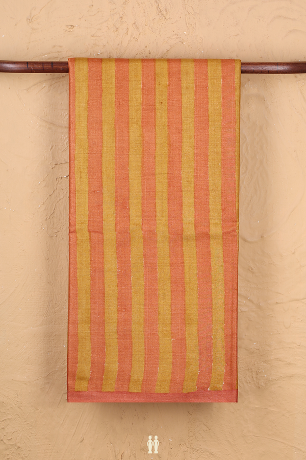 Tussar Silk Saree In Yellow And Orange With Stripes Design