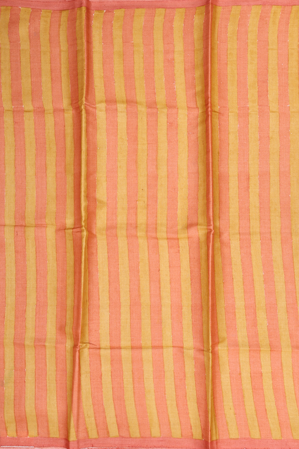 Tussar Silk Saree In Yellow And Orange With Stripes Design