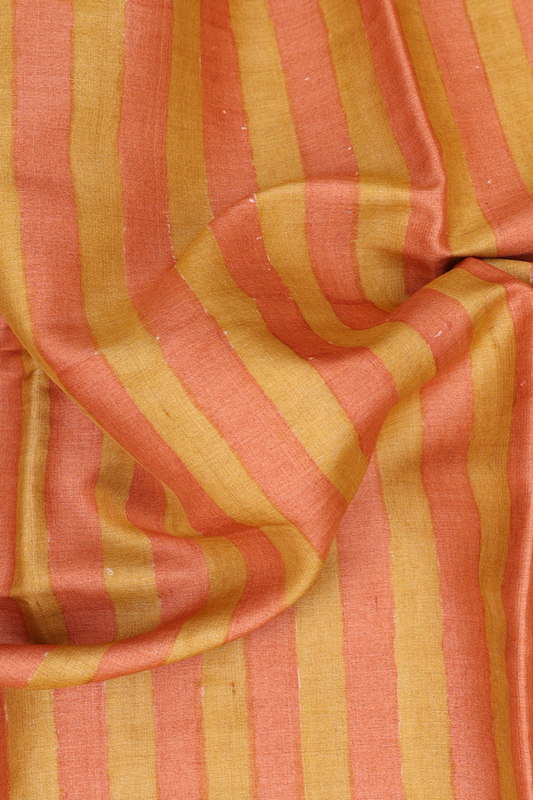Tussar Silk Saree In Yellow And Orange With Stripes Design