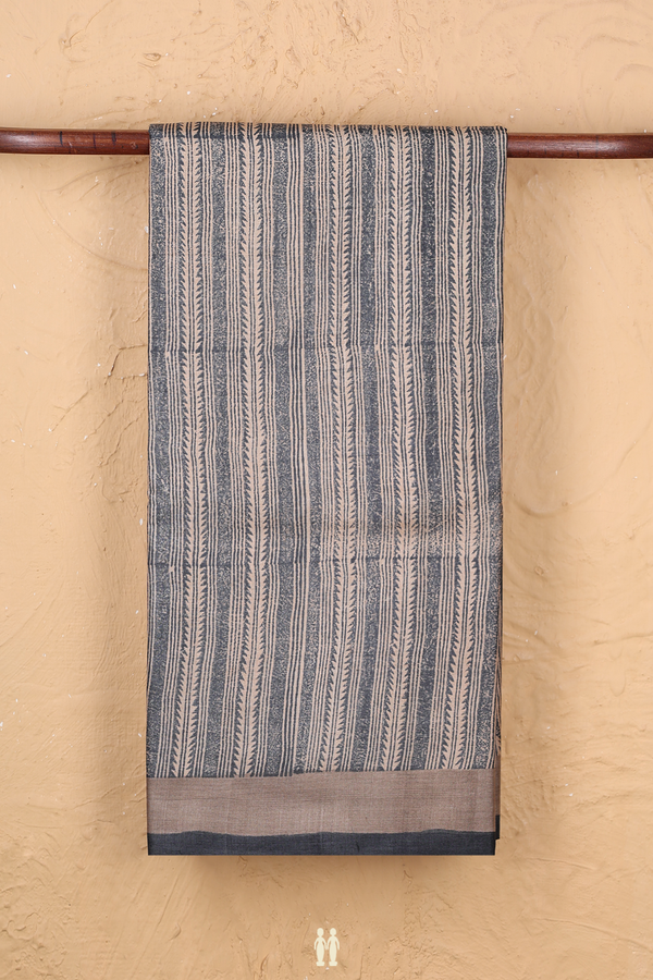 Tussar Silk Saree In Cream And Grey With Stripes Design