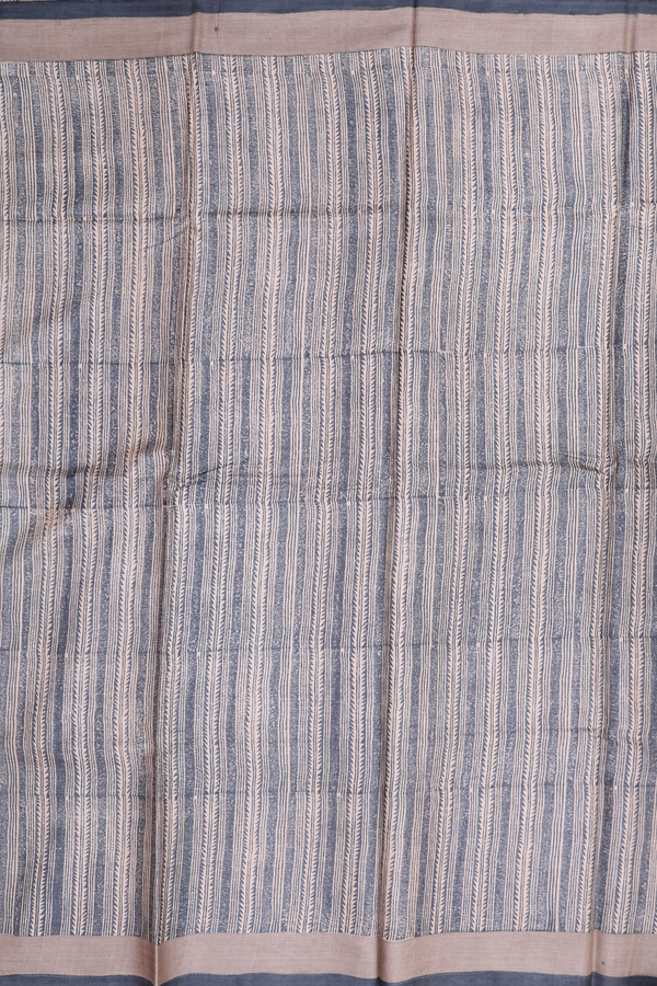 Tussar Silk Saree In Cream And Grey With Stripes Design