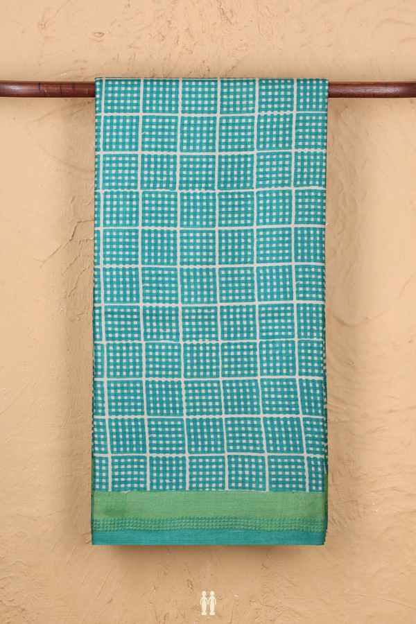 Tussar Silk Saree In Green And Cream With Checks Design