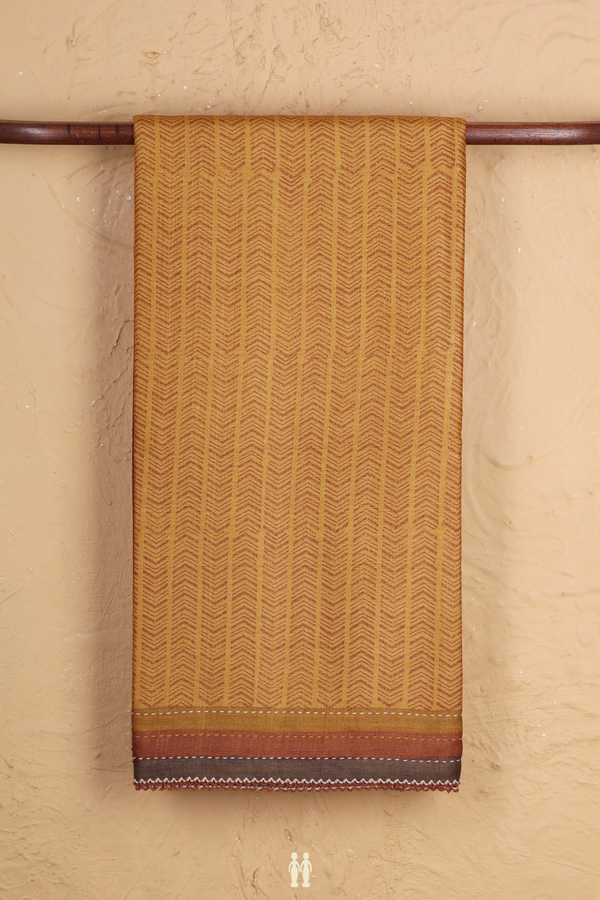 Tussar Silk Saree In Golden Yellow With Stripes Design