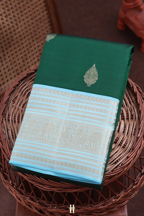 Kanchipuram Silk Saree In Forest Green With Zari Buttas
