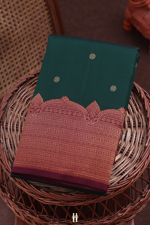 Kanchipuram Silk Saree In Forest Green With Floral Buttas
