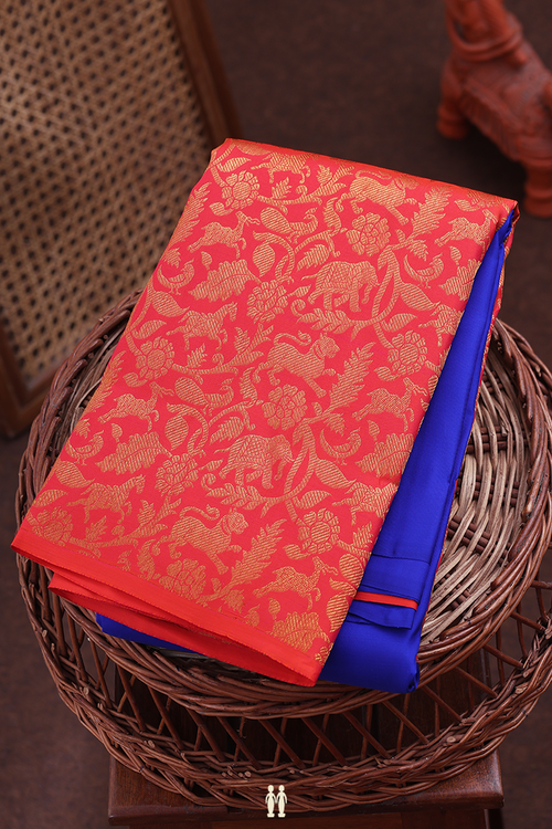Kanchipuram Silk Saree In Blue And Orange With Half And Half