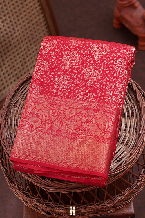 Kanchipuram Silk Saree In Crimson Red With Brocade Design