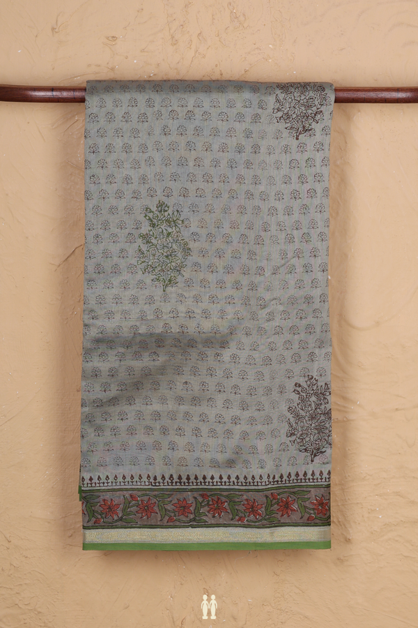 Chanderi Cotton Saree In Light Sage Green With Floral Design