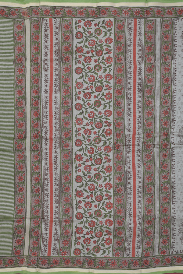 Chanderi Cotton Saree In Light Sage Green With Floral Design