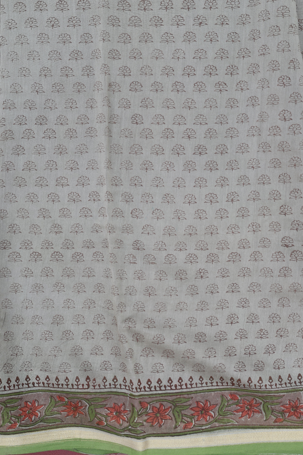 Chanderi Cotton Saree In Light Sage Green With Floral Design