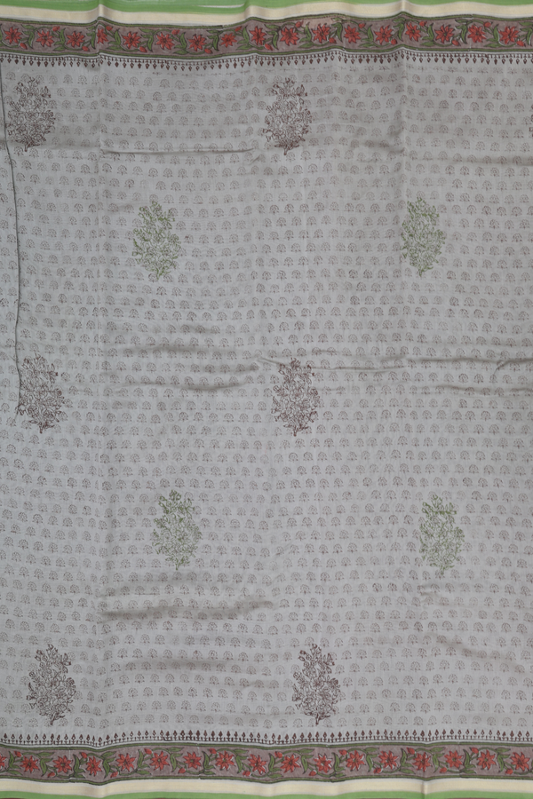 Chanderi Cotton Saree In Light Sage Green With Floral Design