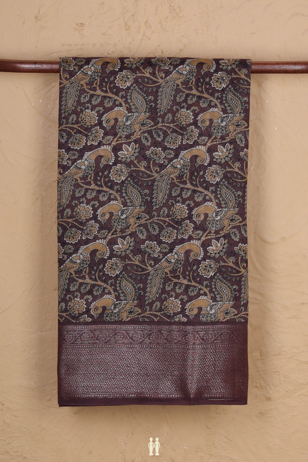 Chanderi Cotton Saree In Plum Brown With Peacock Design