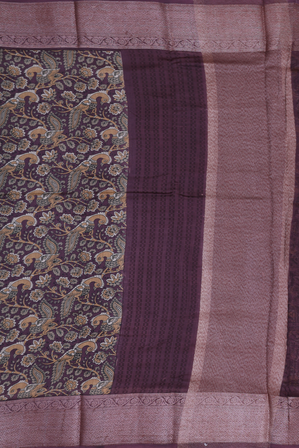 Chanderi Cotton Saree In Plum Brown With Peacock Design
