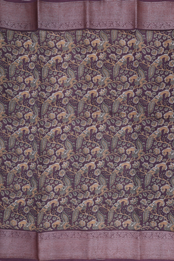 Chanderi Cotton Saree In Plum Brown With Peacock Design