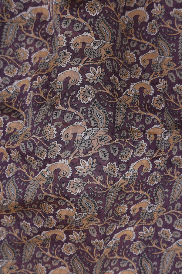 Chanderi Cotton Saree In Plum Brown With Peacock Design