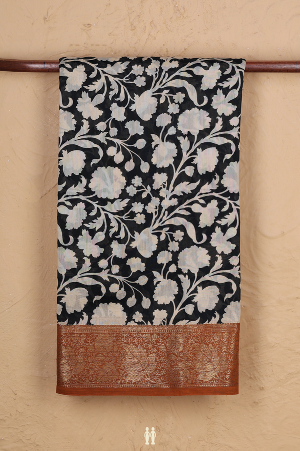 Chanderi Cotton Saree In Black With Floral Design
