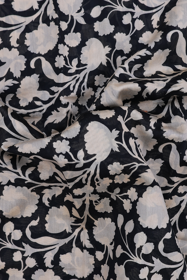 Chanderi Cotton Saree In Black With Floral Design