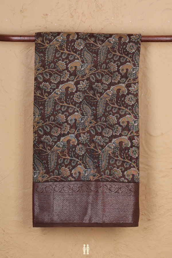 Chanderi Cotton Saree In Brown With Peacock Design