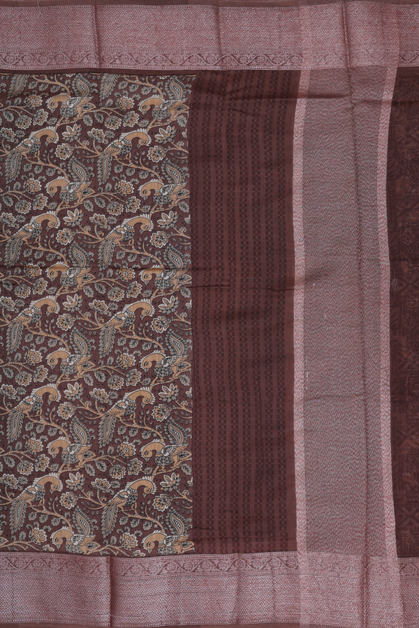 Chanderi Cotton Saree In Brown With Peacock Design