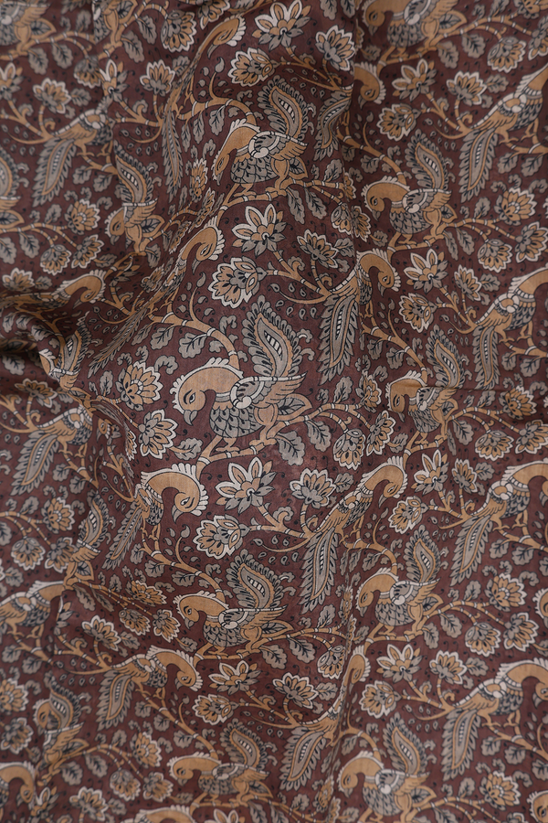 Chanderi Cotton Saree In Brown With Peacock Design