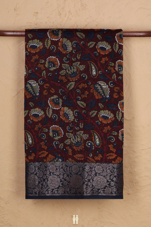 Chanderi Cotton Saree In Dark Maroon With Floral Design