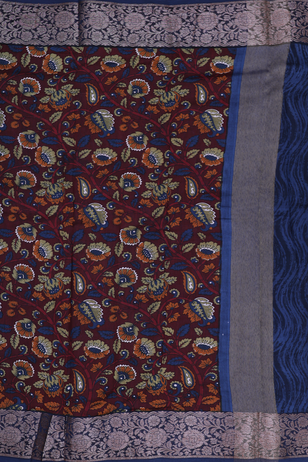 Chanderi Cotton Saree In Dark Maroon With Floral Design