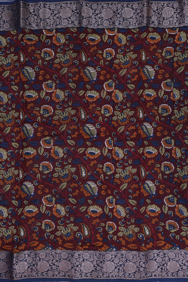Chanderi Cotton Saree In Dark Maroon With Floral Design