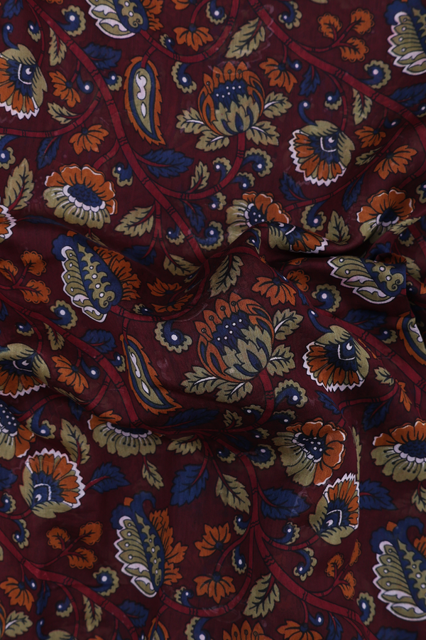 Chanderi Cotton Saree In Dark Maroon With Floral Design