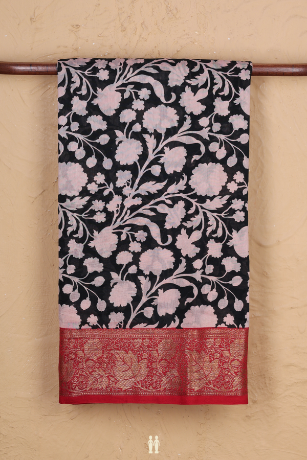 Chanderi Cotton Saree In Black With Floral Design