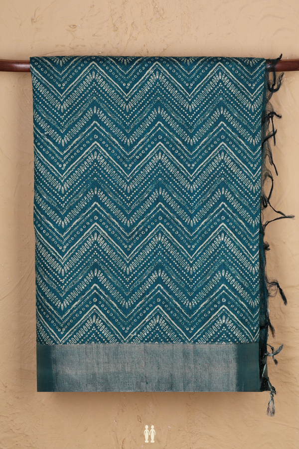 Tussar Silk Saree In Teal Green With Chevron Design