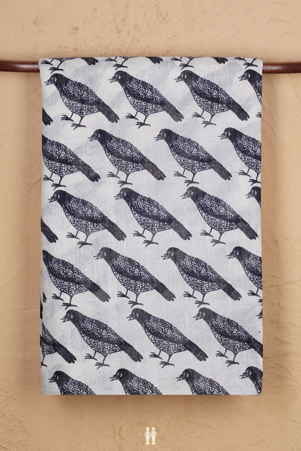 Tussar Silk Saree In White With Birds Printed Design