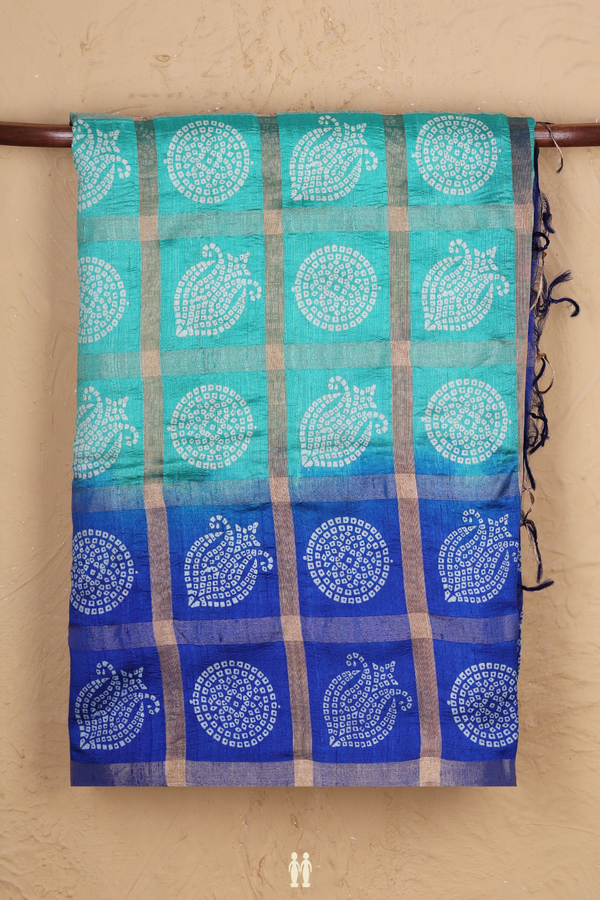 Tussar Silk Saree In Green With Checks Design