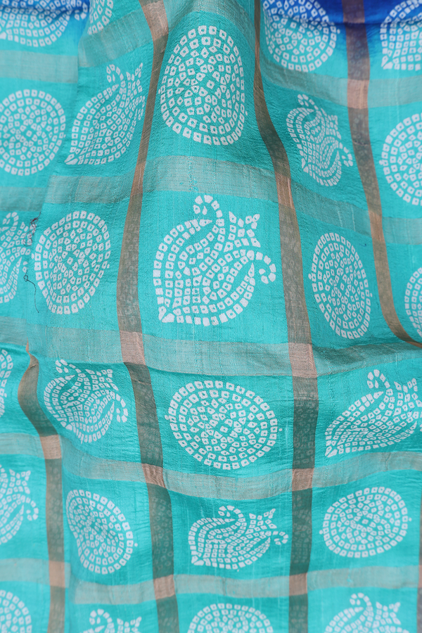 Tussar Silk Saree In Green With Checks Design