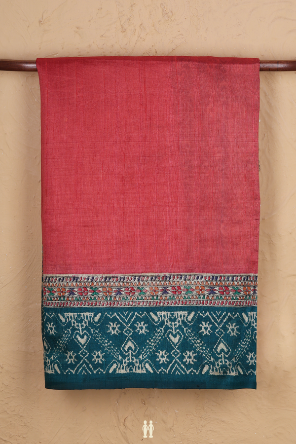 Tussar Silk Saree In Red With Contrast Border