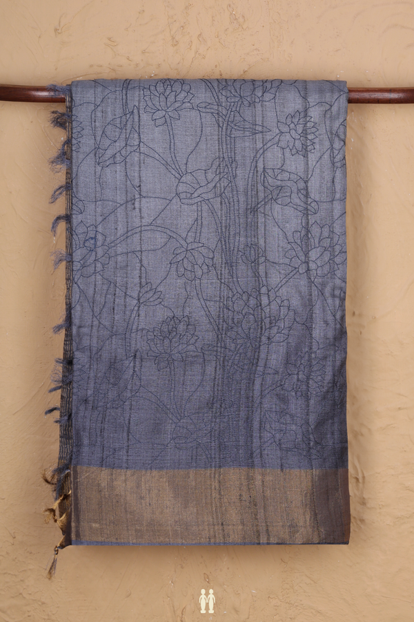 Tussar Silk Saree In Grey With Embroidered Design
