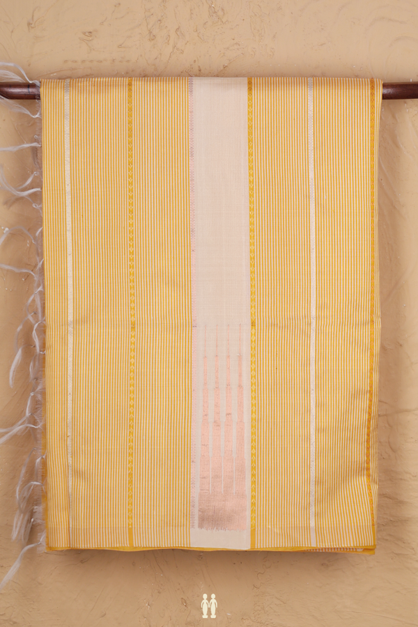Soft Silk Saree In Cream And Yellow With Stripes Design